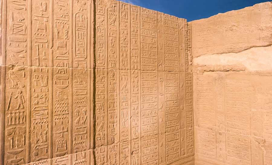 An ancient calendar carved in hieroglyphs on the walls of the Temple of Kom Ombo, Egypt.