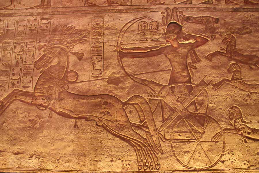 A chariot in relief on the walls of the Great Temple at Abu Simbel.