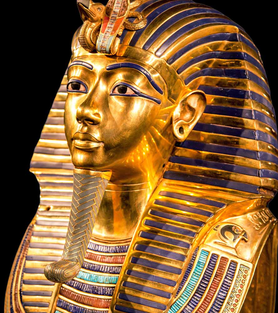 The mask of Tutankhamun: lapis lazuli, turquoise, and carnelian cut to shape and set into cells of gold.