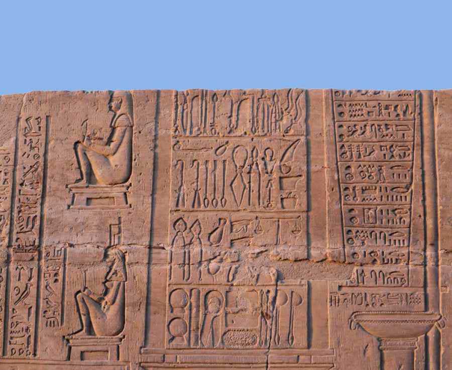Surgical tools carved on the walls of the temple of Kom Ombo in Aswan, Egypt.