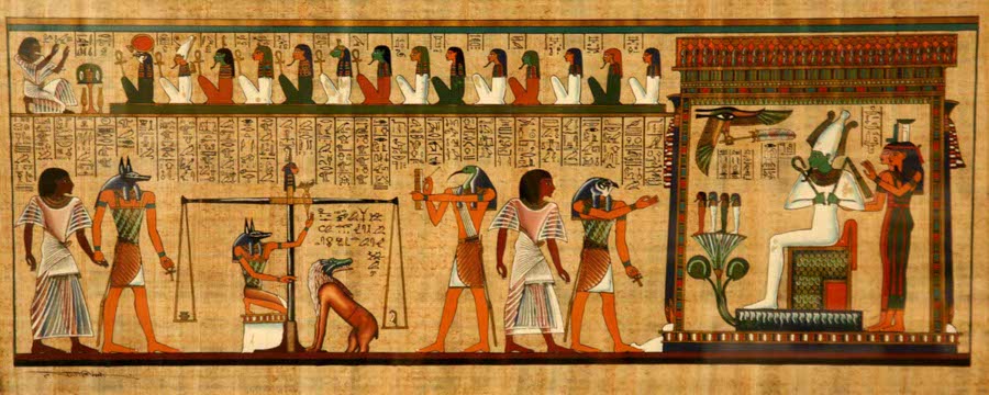 The Weighing of the Heart ceremony from the Papyrus of Ani (c. 1250 BCE).