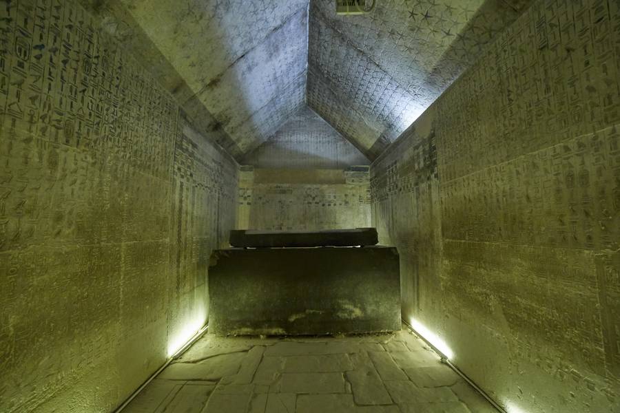 The Pyramid of Unas at Saqqara, the first pyramid to carry the Pyramid Texts on its inner walls.