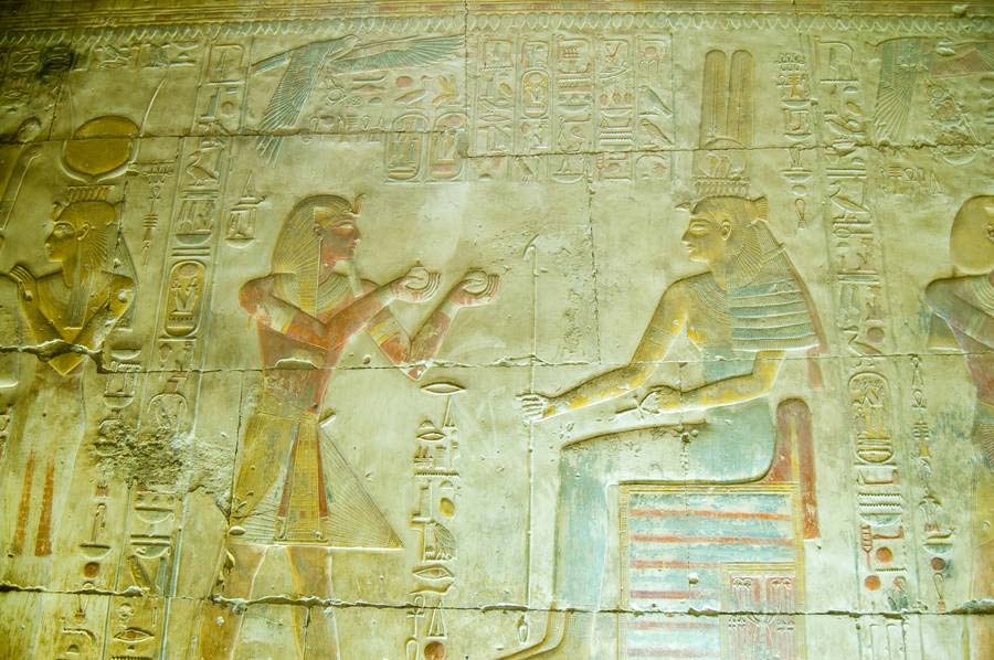 Seti I offers oil to Ma'at in his temple at Abydos.